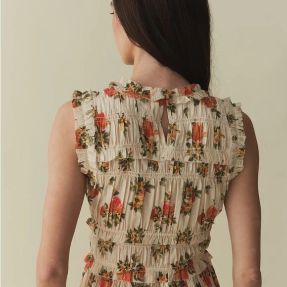 Doen Martha Shirred Ruffle Cotton Sleeveless Mini Dress Orangerie Floral - Picture 6 of 14